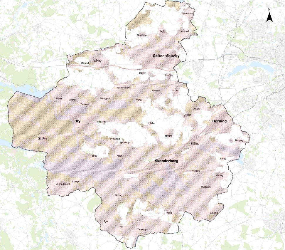 Kort der beskriver foreløbigt, hvor VE-anlæg kan placeres i Skanderborg Kommune.